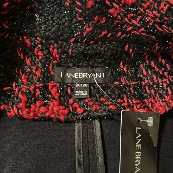 LANE BRYANT 26/28 Red Black Tweed Houndstooth Plaid Knit Back Combo Jacket - Picture 11 of 13